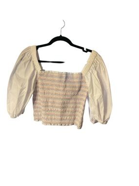Smocked Square-Neck Crop Top with Puff Sleeves - Cream